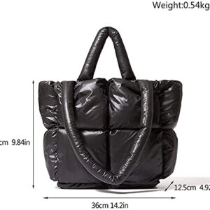 Puffer Tote Bag, Trendy Luxury Chic Quilted Cotton Padded Designer Handbags for Women, Winter Soft Puffer Shoulder Bag. BLACK