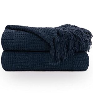 recyco chenille throw blanket for couch, soft cozy knit throw blankets with tassels, woven chenille throw blanket knitted blanket for bed sofa chair, 50 x 60 inches, navy blue, laundry bag included