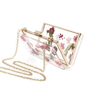 YUSHINY Women Acrylic Clear Clutch Transparent Purse True Flower Inlay with Removable Pearl Strap (Rose)