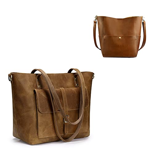 S-ZONE Women Genuine Leather Tote Bag Shoulder Handbag Bundle with Crossbody Bucket Purse