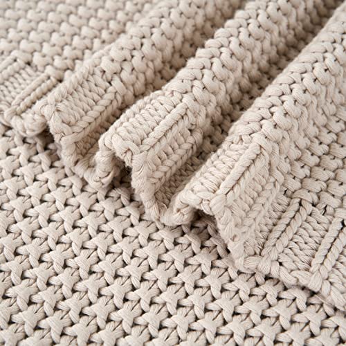 Longhui bedding Chunky Cable Knit Throw Blanket Lightweight Beige 100% Organic Cotton Blanket for Sofa Couch Bed Baby Nursery, Rustic Shabby Chic Modern Farmhouse, 51” x 63” Give Laundering Bag