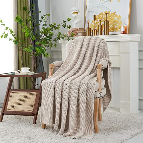 Longhui bedding Chunky Cable Knit Throw Blanket Lightweight Beige 100% Organic Cotton Blanket for Sofa Couch Bed Baby Nursery, Rustic Shabby Chic Modern Farmhouse, 51” x 63” Give Laundering Bag