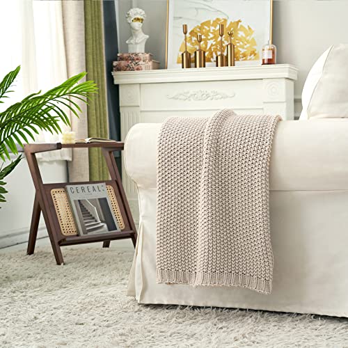 Longhui bedding Chunky Cable Knit Throw Blanket Lightweight Beige 100% Organic Cotton Blanket for Sofa Couch Bed Baby Nursery, Rustic Shabby Chic Modern Farmhouse, 51” x 63” Give Laundering Bag