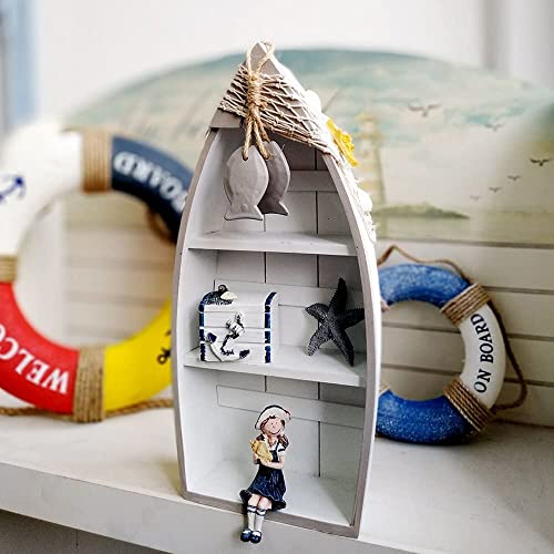 Linfevisi Wood Boat Shelf Decor Beach Theme Standing Boat Shelf Wooden Boat Decor Boat Book Shelf Nautical Decor Standing Boat Display with Net Starfish Seashell Accent Home Decor for Bathroom 16.5"