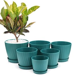 Faxinny Set of 6 Plastic Planters with Saucers ,7.5/7/6.5/6/5.5/4.5 Inch Plant Pots with Drainage Hole and Tray for All Indoor Plants, Flowers, Snake Plant and Succulents ,Green