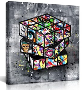 sixttart banksy canvas wall-art for bedroom – street graffiti wall art – abstract painting pop art wall decor modern home office decor 14″ w x 14″ h stretched and framed ready to hang
