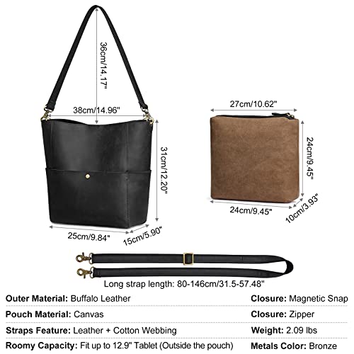 S-ZONE Women Genuine Leather Tote Bag Shoulder Handbag Bundle with Crossbody Bucket Purse