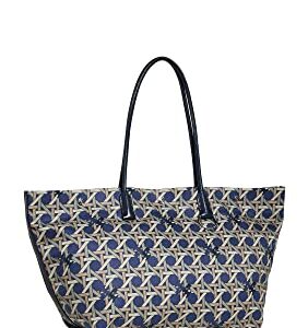 Tory Burch Women's Canvas Basketweave Tote, Tory Navy Basketweave, Blue, Print, One Size