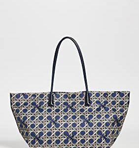 Tory Burch Women's Canvas Basketweave Tote, Tory Navy Basketweave, Blue, Print, One Size