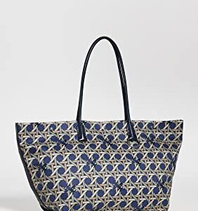 Tory Burch Women's Canvas Basketweave Tote, Tory Navy Basketweave, Blue, Print, One Size