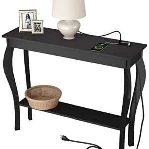 ChooChoo Console Table with Outlets and USB Ports, Narrow Sofa Table, Chic Accent Table for Living Room, Entryway, Hallway, Foyer, Black