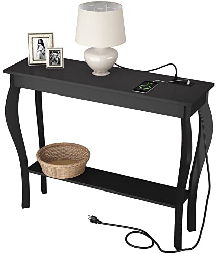 ChooChoo Console Table with Outlets and USB Ports, Narrow Sofa Table, Chic Accent Table for Living Room, Entryway, Hallway, Foyer, Black