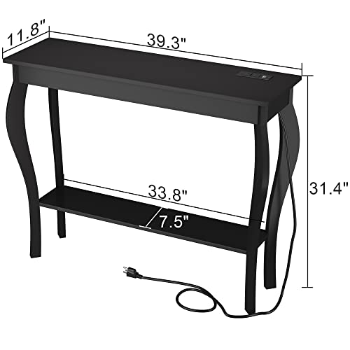 ChooChoo Console Table with Outlets and USB Ports, Narrow Sofa Table, Chic Accent Table for Living Room, Entryway, Hallway, Foyer, Black