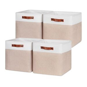 hnzige fabric baskets storage cubes baskets set(4 pack) large cube baskets for shelves,13x13x13 storage cube bins for storage with leather handles for home, toys, clothes, kids room, closet storage(white&beige)