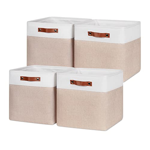 HNZIGE Fabric Baskets Storage Cubes Baskets Set(4 Pack) Large Cube Baskets for Shelves,13x13x13 Storage Cube Bins for Storage with Leather Handles for Home, Toys, Clothes, Kids Room, Closet Storage(White&Beige)