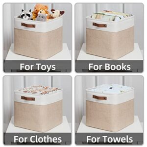 HNZIGE Fabric Baskets Storage Cubes Baskets Set(4 Pack) Large Cube Baskets for Shelves,13x13x13 Storage Cube Bins for Storage with Leather Handles for Home, Toys, Clothes, Kids Room, Closet Storage(White&Beige)