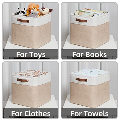 HNZIGE Fabric Baskets Storage Cubes Baskets Set(4 Pack) Large Cube Baskets for Shelves,13x13x13 Storage Cube Bins for Storage with Leather Handles for Home, Toys, Clothes, Kids Room, Closet Storage(White&Beige)