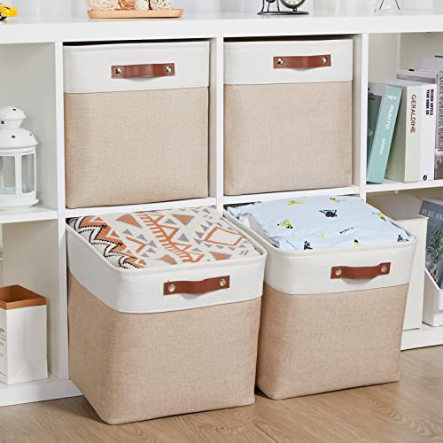 HNZIGE Fabric Baskets Storage Cubes Baskets Set(4 Pack) Large Cube Baskets for Shelves,13x13x13 Storage Cube Bins for Storage with Leather Handles for Home, Toys, Clothes, Kids Room, Closet Storage(White&Beige)