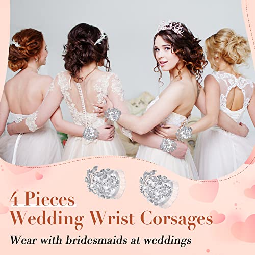 4 Pack Rhinestone Corsage Wristlet Artificial Wrist Silk Flower Wrist Corsage Bracelets Flower with Peal and Diamond Wedding Corsage Wristlet Band White Bridal Corsage Bracelet Silk Wrist Flower