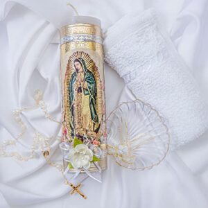 baptism candle set for boys and girls with our virgen de guadalupe candle, rosary, towel and plastic shell included – velas para bautizo – baptism kit catholic with candle