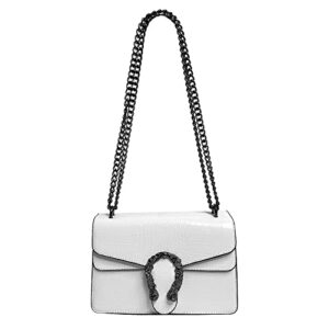 gxamz women crocodile pattern leather crossbody shoulder bag retro clutch handbag with chain satchel bag (white)
