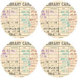 4 pieces vintage library due date card coaster set, gift for book lovers library decor coasters set book coasters drink coffee mug coaster for book lovers writers women men (round)