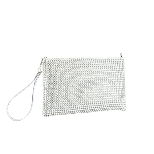 GripIt Bling Mesh Purse Small Clutch for Women Money Purse Evening Wristlet Clutch Bag Little Crystal Cell Phone Purses,Silver