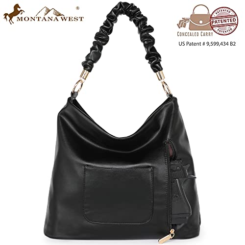 Montana West Vegan Leather Tote Handbag for Women Concealed Carry Purse Hobo Ruched Shoulder Bag Crossbody Bag MWC-G072BK