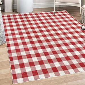 ambesonne plaid decorative rug, lumberjack fashion buffalo checks pattern retro style grid composition, quality carpet for bedroom dorm and living room, 5′ 1″ x 7′ 5″, red and white