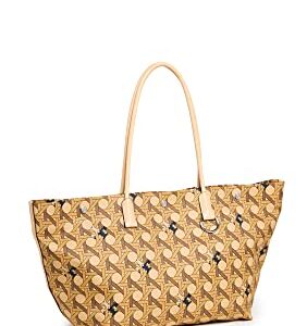 Tory Burch Women's Canvas Basketweave Tote, Tan Basketweave, One Size