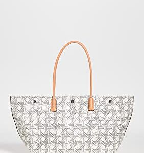 Tory Burch Women's Canvas Basketweave Tote, New Ivory Basketweave, Off White, Print, One Size