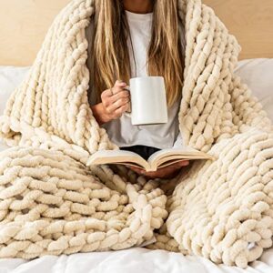 samiah luxe chunky knit blanket 50×60 buttercream – beige luxury chenille blanket for farmhouse decor; boho decor throw blanket for fall decor; tight braided thick cable knit throw for couch or bed