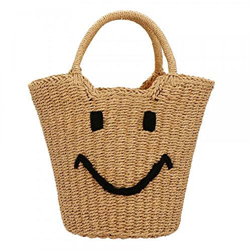 Smile Straw Beach Bag - Summer Handbag Large Capacity Handmade Tote Purse Straw Beach Bag for Women (Brown)