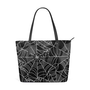 Leather Tote Bag for Women with Zipper Handbags Shoulder Bag Spider Web Black Pockets Work Travel Small Office Business