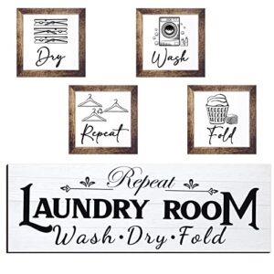 yerliker set of 5 laundry room decor farmhouse laundry room wooden sign wash fold dry repeat signs rustic laundry wall art prints laundry room sign decor for home, unframed