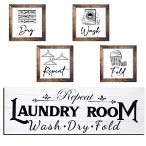 Yerliker Set of 5 Laundry Room Decor Farmhouse Laundry Room Wooden Sign Wash Fold Dry Repeat Signs Rustic Laundry Wall Art Prints Laundry Room Sign Decor for Home, Unframed