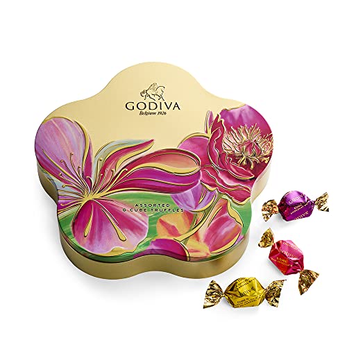 Godiva Chocolatier Assorted G Cube Gourmet Chocolate Truffles in Flower Tin, 32 Count - Limited Edition Candy - Gift Box of Chocolate - 9.1 Oz