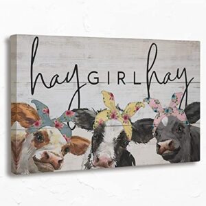 Funny Quote Cute Cows Canvas Wall Art Prints,Hay Girl Hay Wood Texture Paintings Prints,11x14 inches Artwork for Funny Farm Themed Decor Girl Room Farmhouse Bedroom Living Room Home
