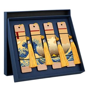 the wave japanese ukiyoe wooden bookmarks for book lovers men 4 pcs color handmade natural bookmarks art book mark with tassel and box set, good gift for men, women