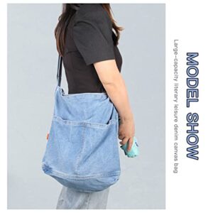 Oweisong Women Denim Tote Bags for School Canvas Hobo Shoulder Handbag Causal Jean Crossbody Bags Retro Large Capacity Purse