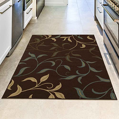 Ottomanson Ottohome Collection Non-Slip Rubberback Leaves Design 3x5 Indoor Area Rug, 3'3" x 5', Brown