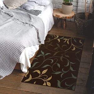 Ottomanson Ottohome Collection Non-Slip Rubberback Leaves Design 3x5 Indoor Area Rug, 3'3" x 5', Brown