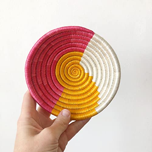 Mini African Basket- Rutsiro/Rwanda Basket/Sisal & Sweetgrass Woven Basket/Pink, Golden Yellow, White