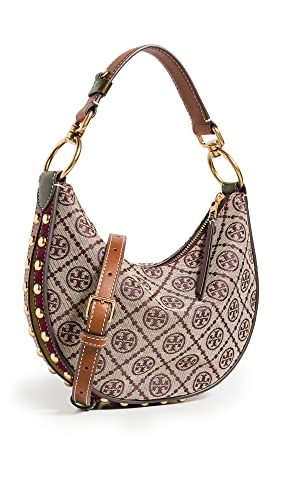 Tory Burch Women's T Monogram Jacquard Studded Mini Crescent Bag, Claret, Red, Print, One Size