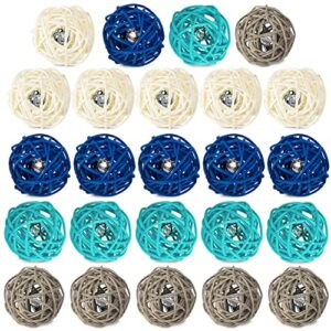 domestar rattan ball with jingle bell, 24pcs wicker ring balls 2 inches natural decorative wicker rattan balls orbs vase fillers blue, white, grey and cerulean