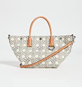 Tory Burch Women's Canvas Basketweave Small Tote, New Ivory Basketweave, Off White, Print, One Size