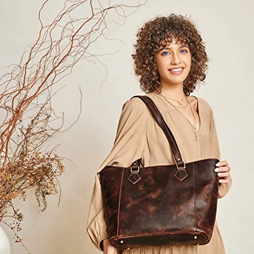 S-ZONE Vintage Genuine Leather Shoulder Bag Work Totes for Women Purse Handbag with Back Zipper Pocket Large