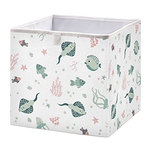 Kigai Marine Fish Sea Animals Fabric Storage Bin 11" x 11" x 11" Cube Baskets Collapsible Store Basket Bins for Home Closet Bedroom Drawers Organizers