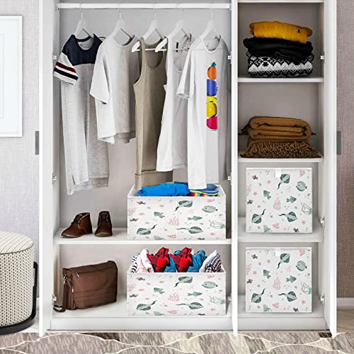 Kigai Marine Fish Sea Animals Fabric Storage Bin 11" x 11" x 11" Cube Baskets Collapsible Store Basket Bins for Home Closet Bedroom Drawers Organizers