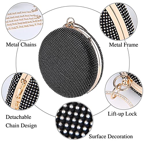 Tanpell Women's Evening Bag Round Rhinestone Crystal Clutch Purse Handbag for Wedding Prom Party (Black)